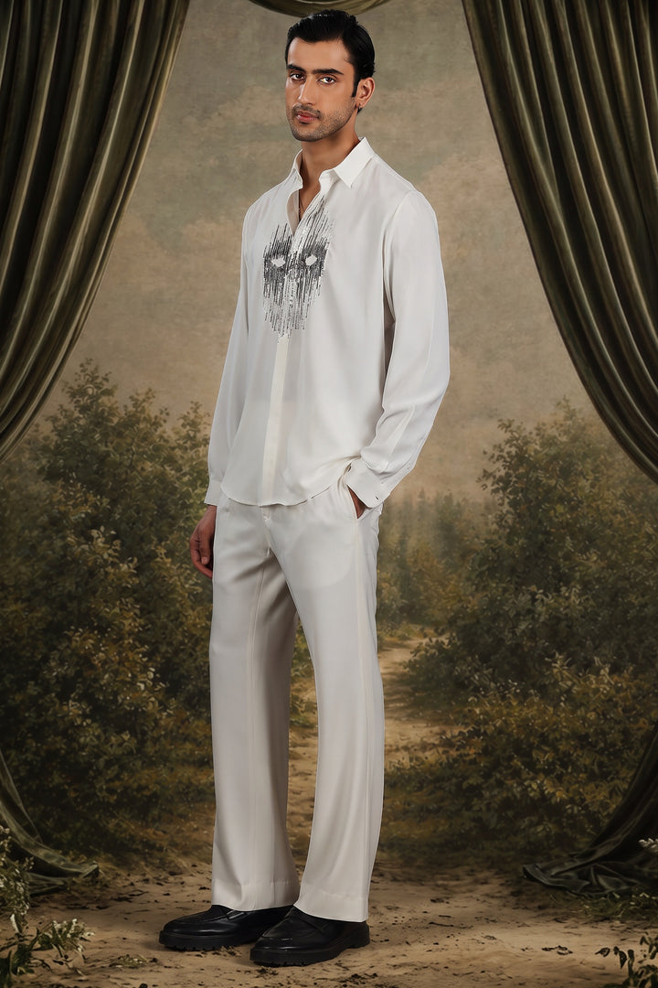 White Abstract Mask Beaded Shirt
