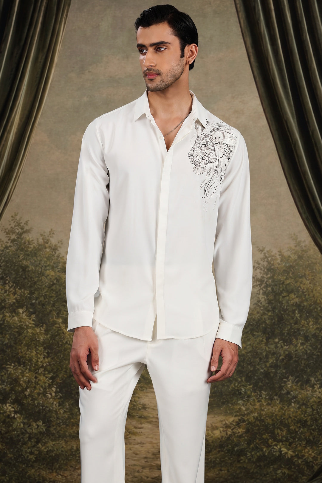 White Lion Head Embroidered Shirt