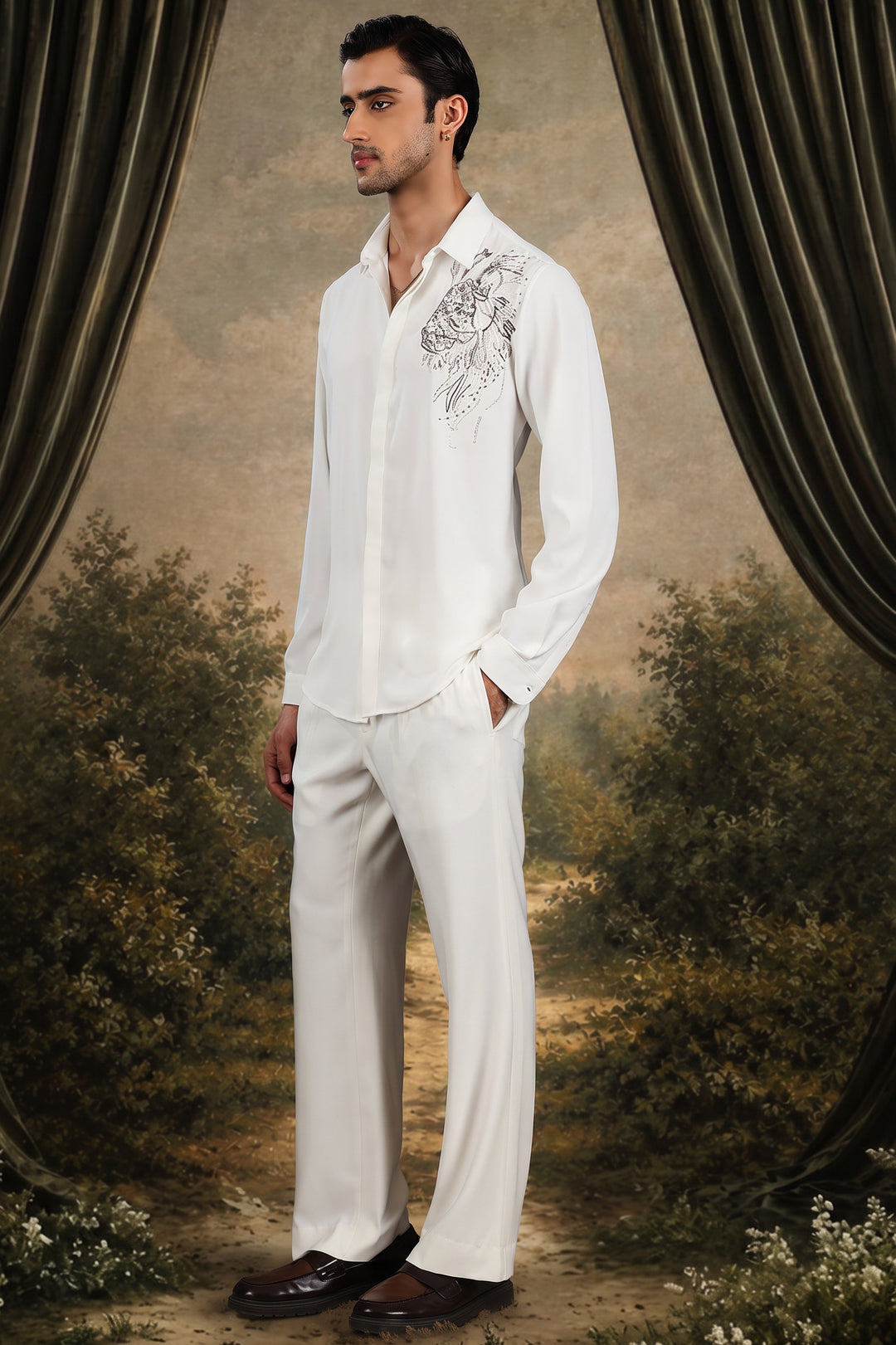 White Lion Head Embroidered Shirt