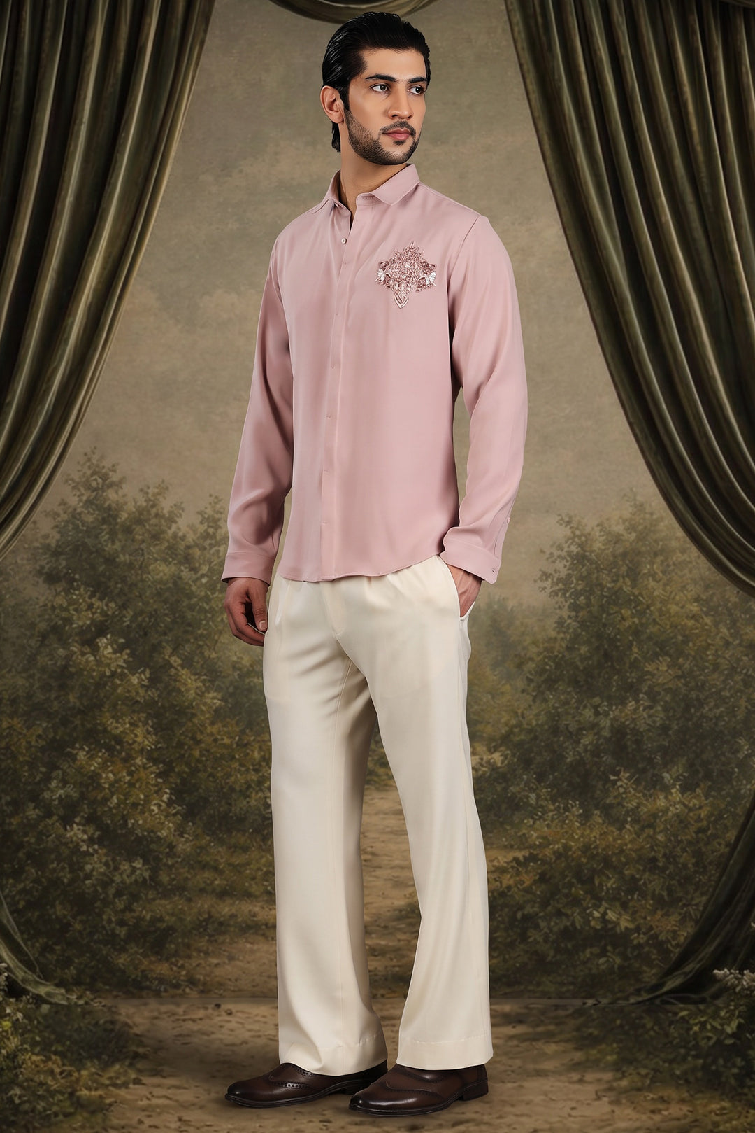 Blush Pink Crest Embellished Shirt