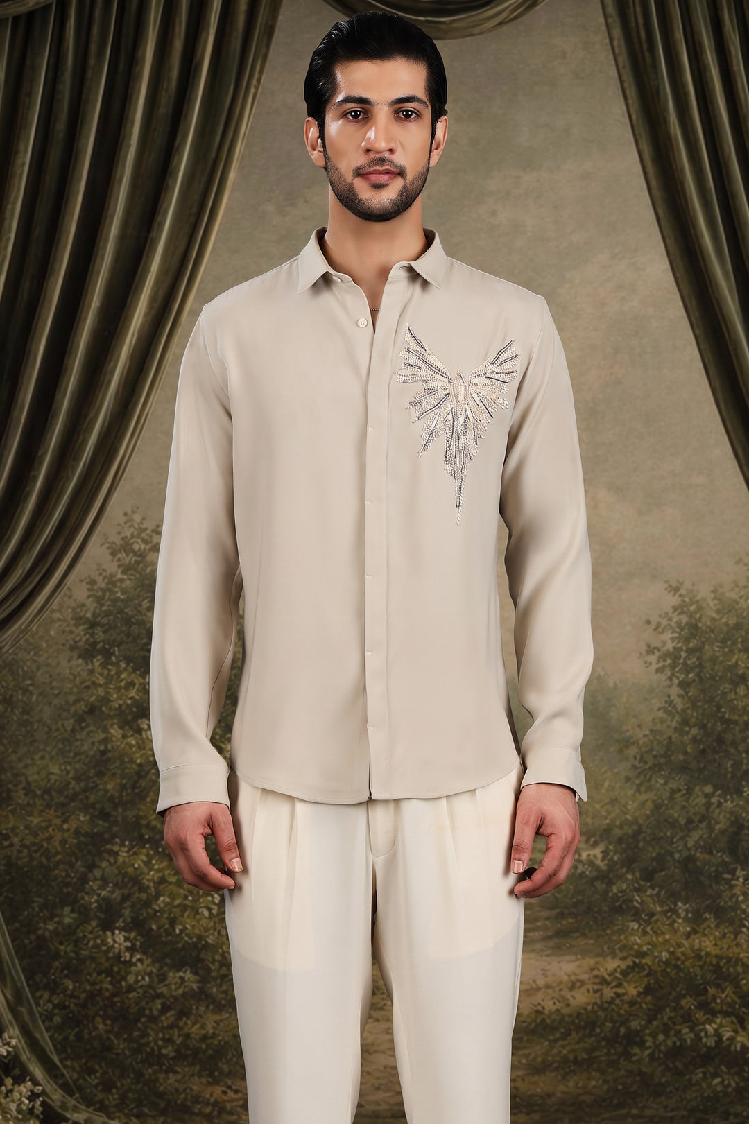 Cream Phoenix Wing Embellished Shirt