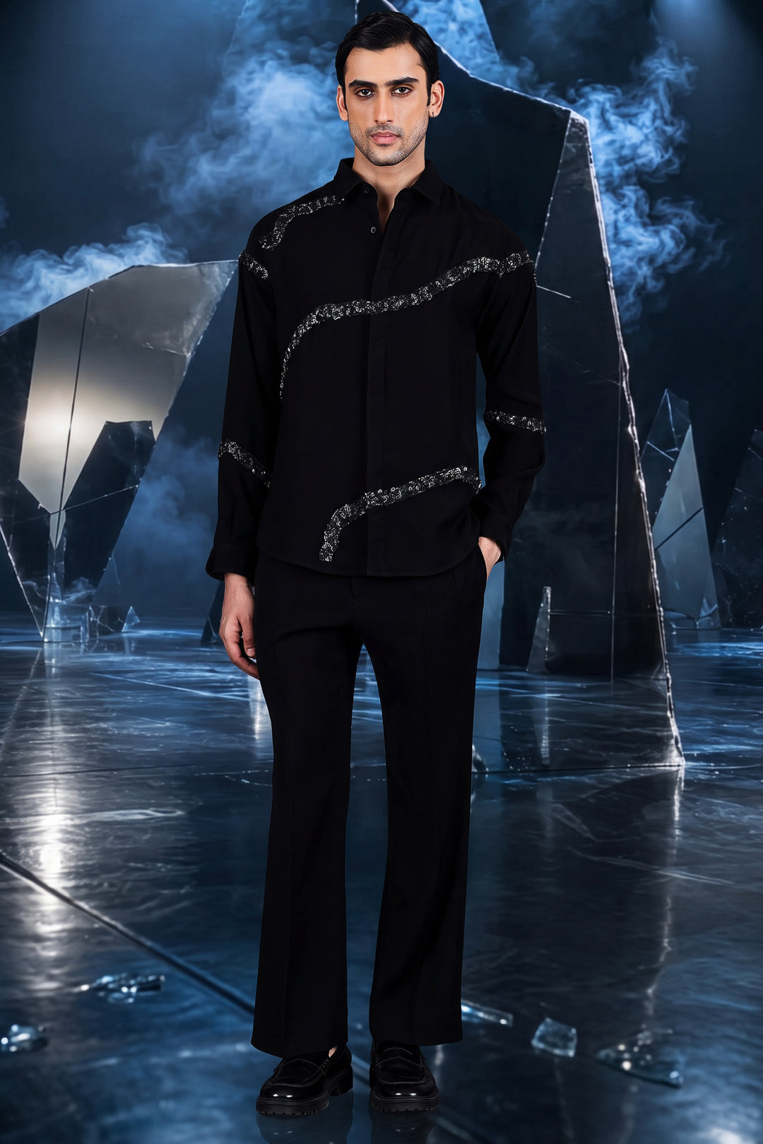 Black Silver Stream Embellished Shirt
