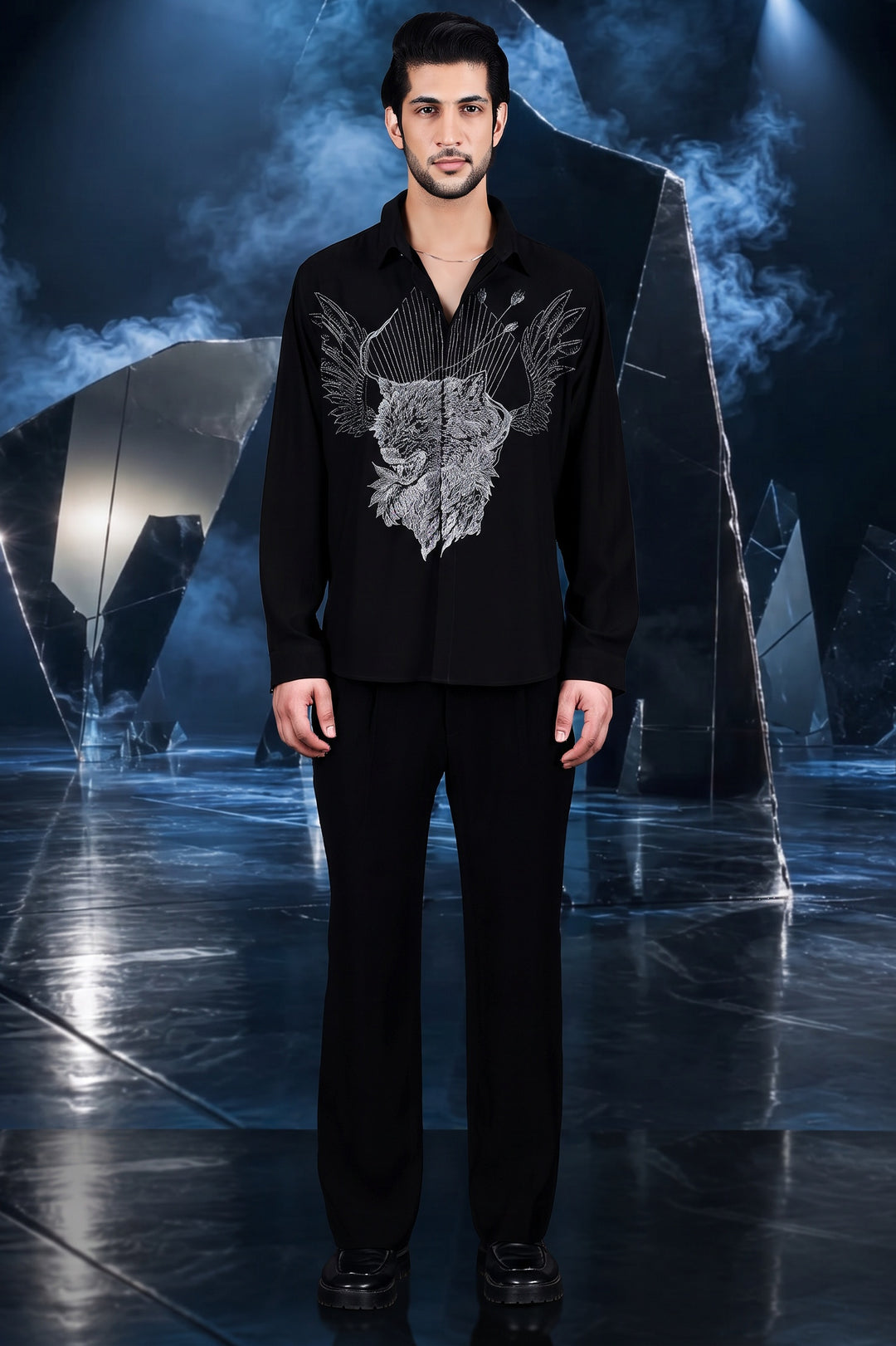 Black Winged Wolf Embroidered Shirt