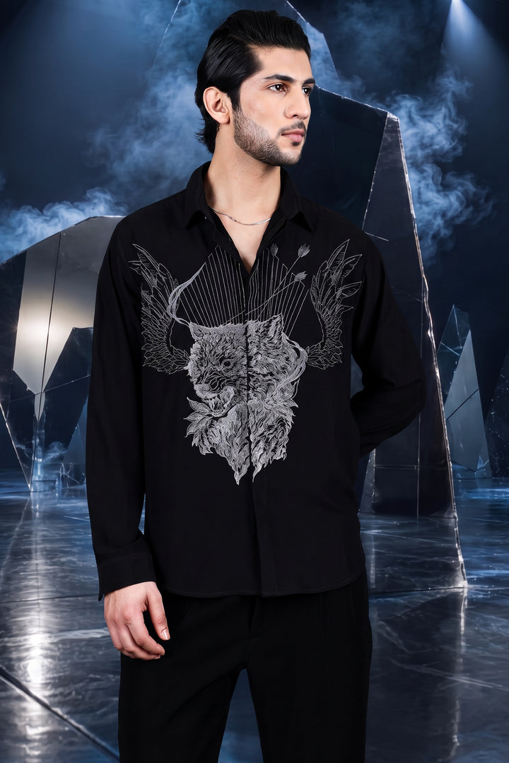 Black Winged Wolf Embroidered Shirt