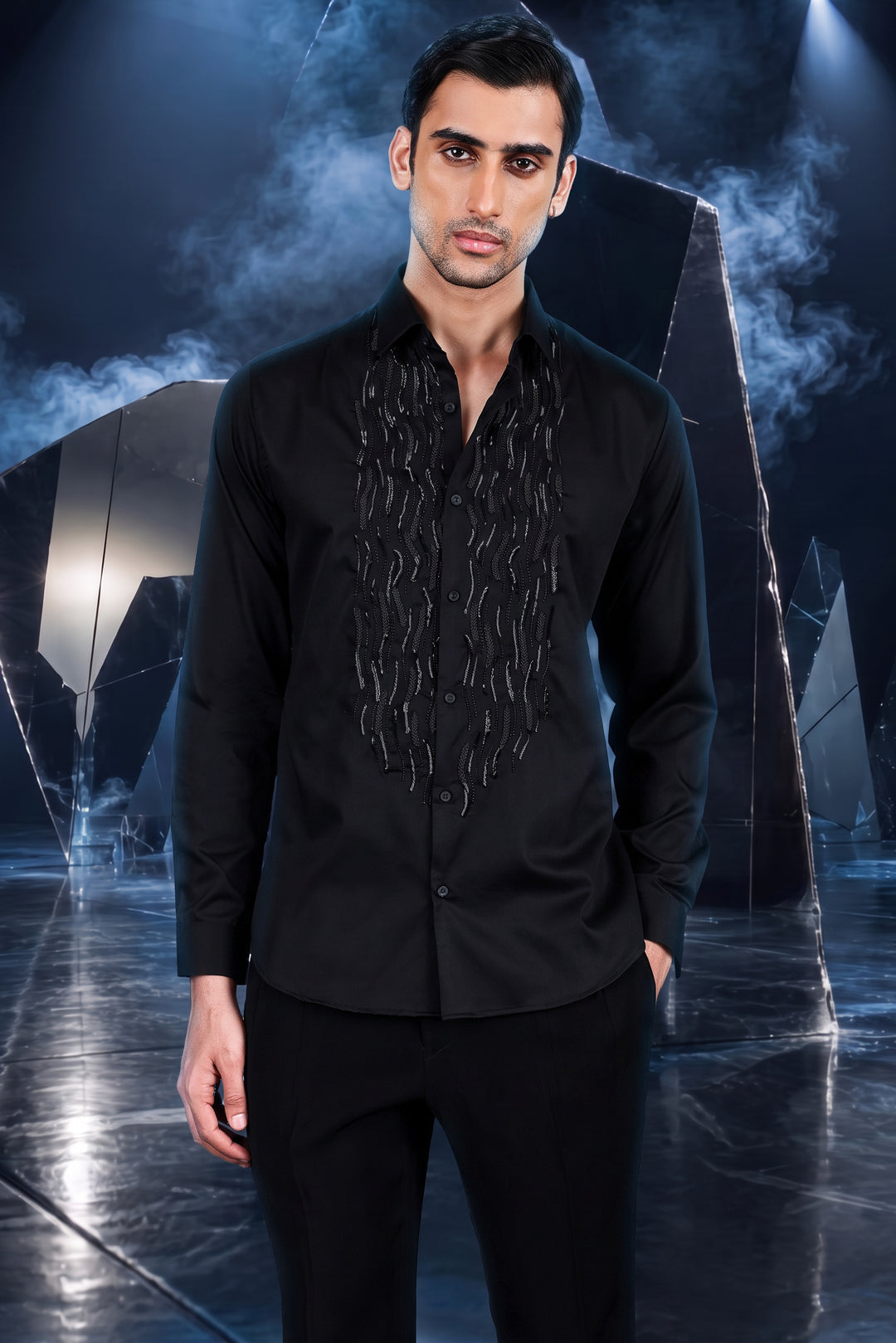 Black Cotton Satin Bead Trail Shirt