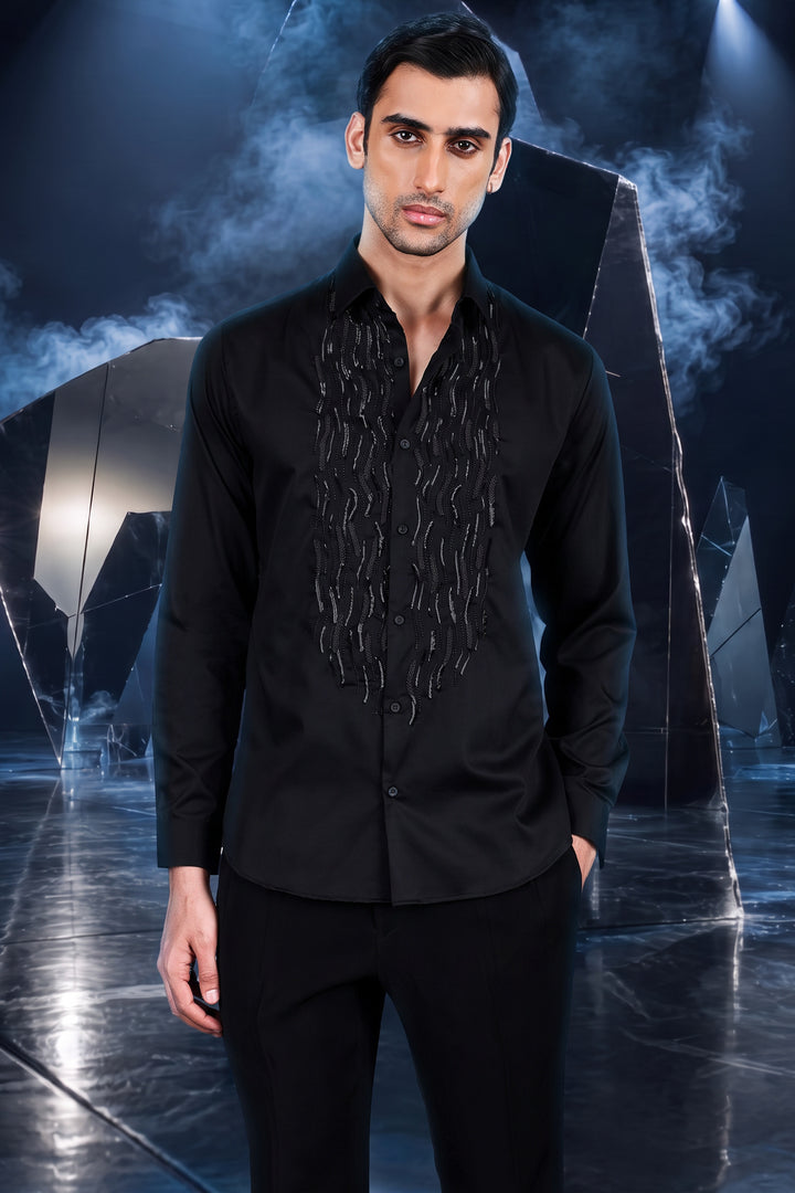 Black Cotton Satin Bead Trail Shirt