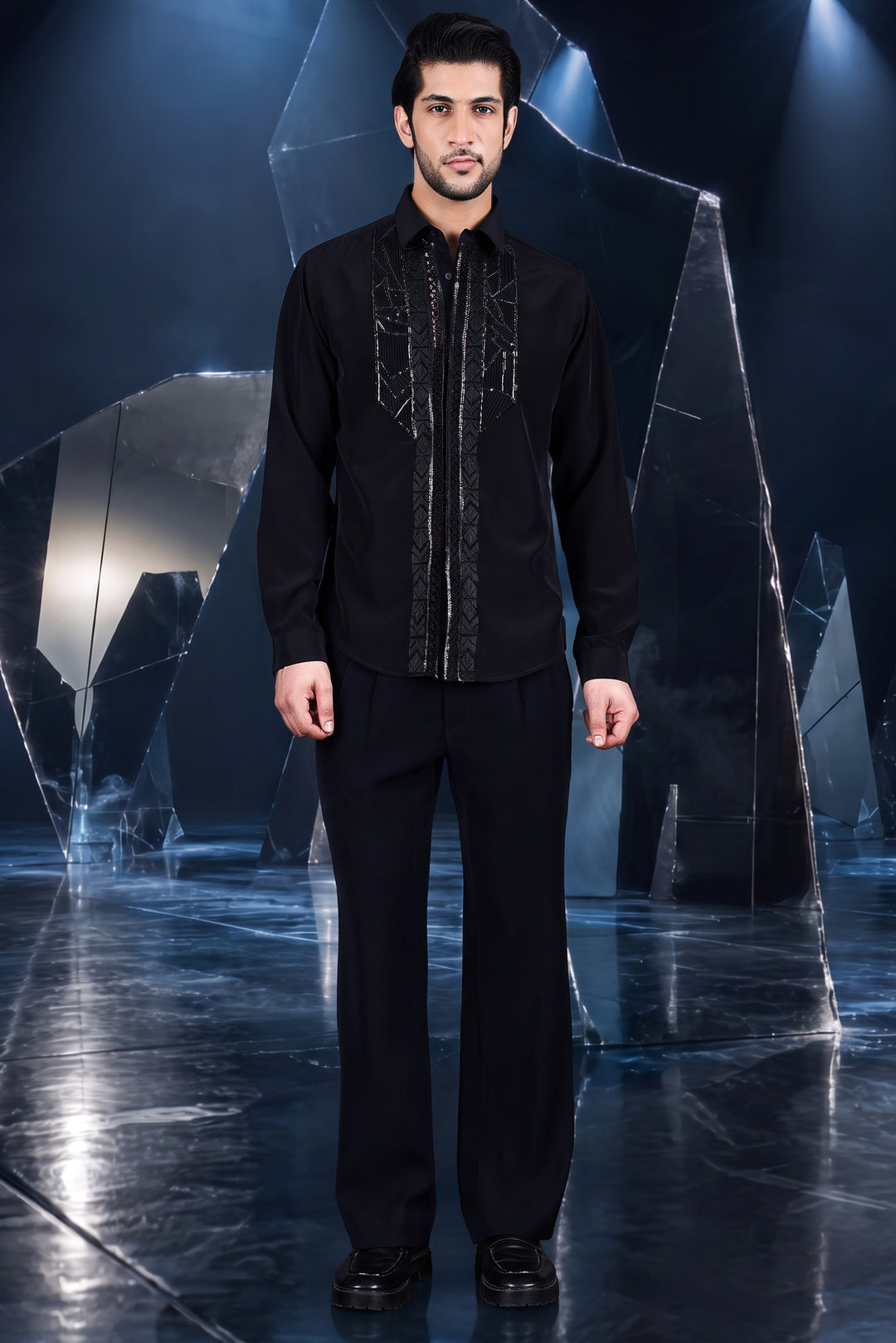 Black Geometric Panel Embellished Shirt