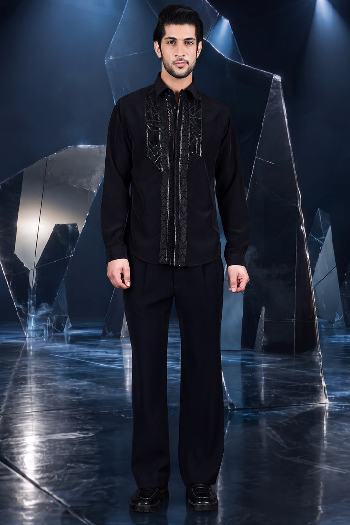 Black Geometric Panel Embellished Shirt