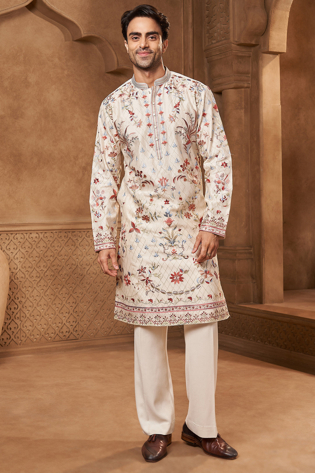 Ivory Chanderi Resham Floral Kurta Set