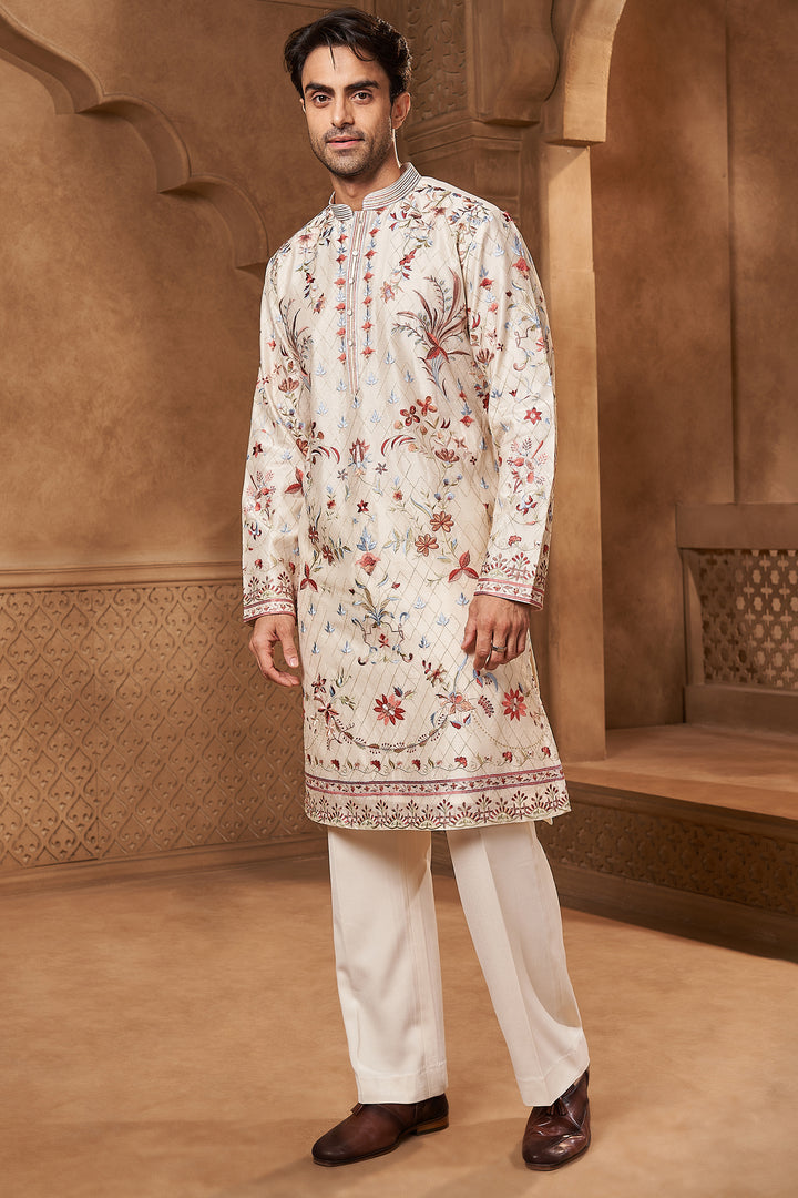 Ivory Chanderi Resham Floral Kurta Set