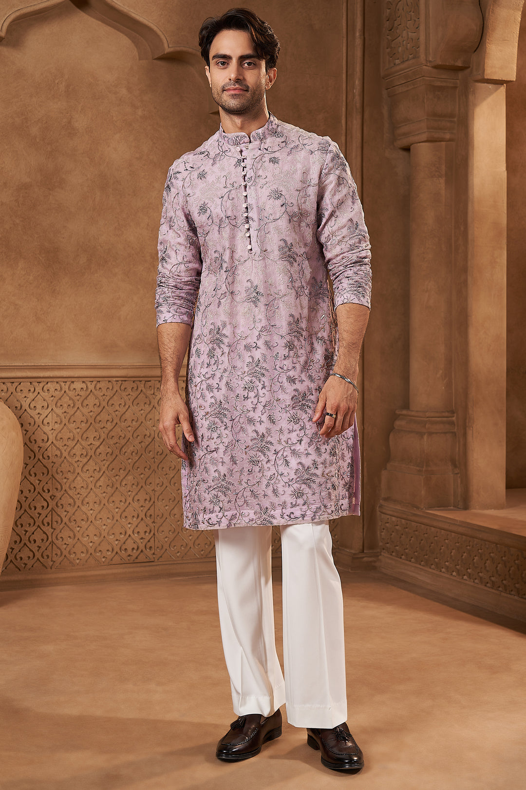 Lilac Georgette Zari Floral Kurta Set