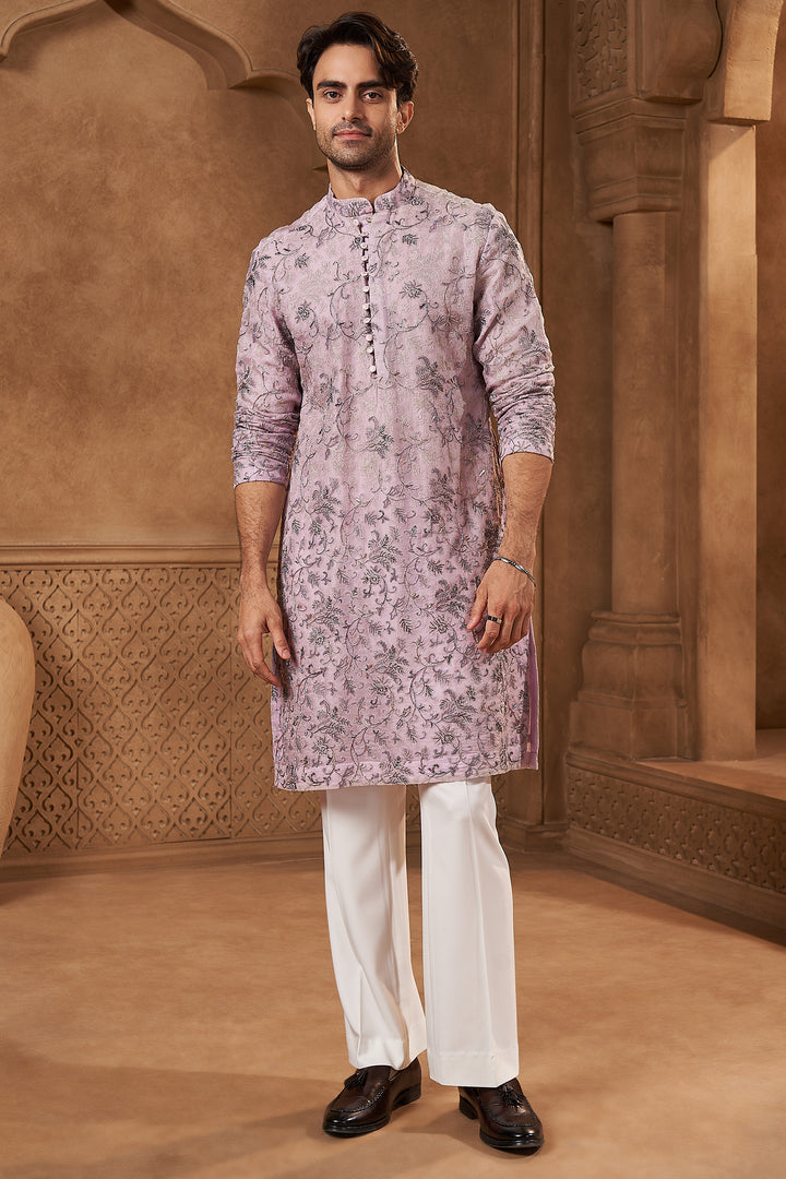 Lilac Georgette Zari Floral Kurta Set