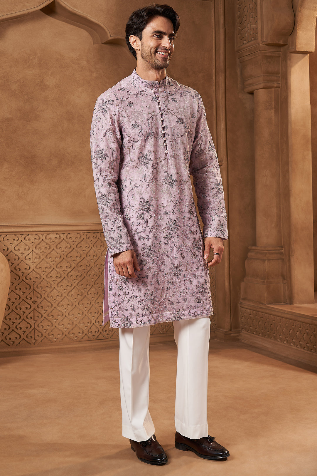 Lilac Georgette Zari Floral Kurta Set
