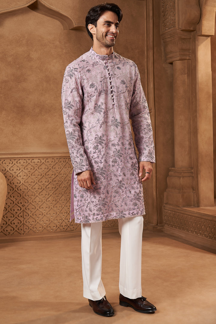 Lilac Georgette Zari Floral Kurta Set