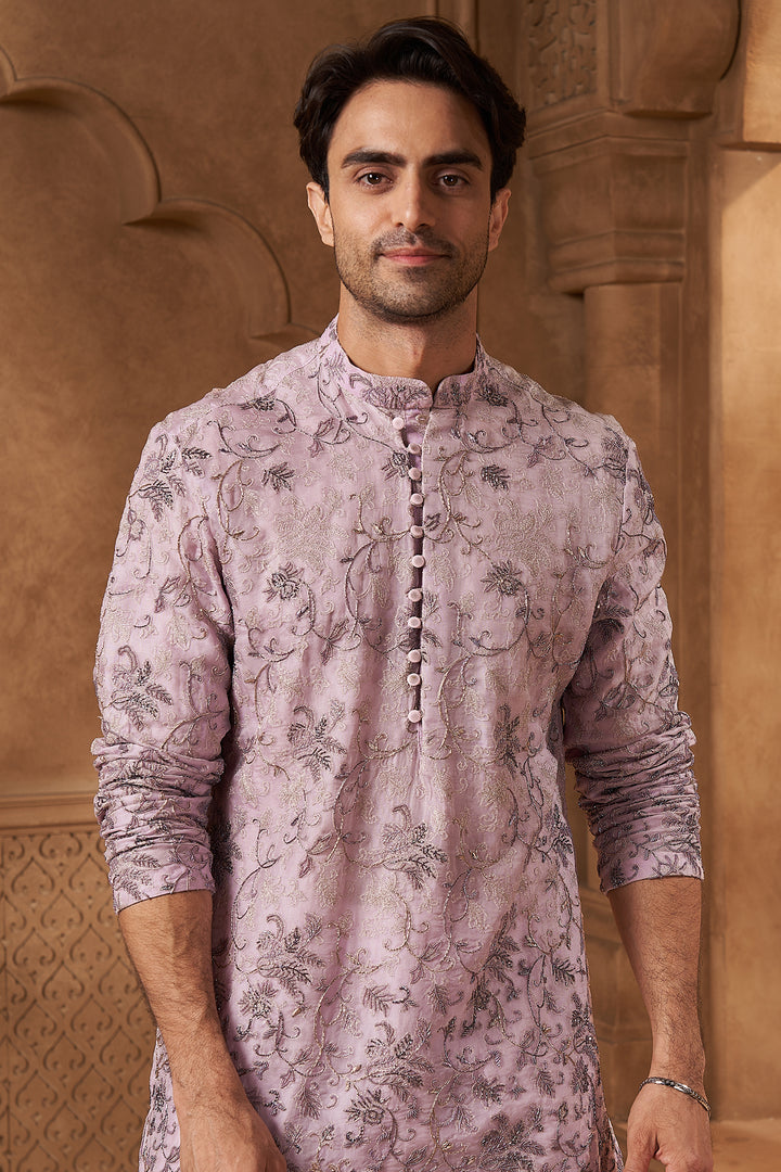 Lilac Georgette Zari Floral Kurta Set