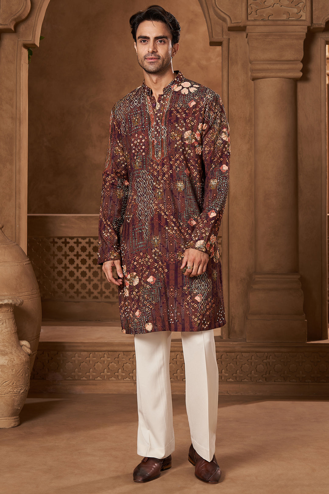 Maroon Raw Silk Bandhani Print Kurta Set