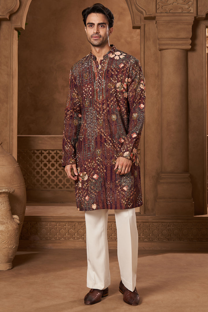 Maroon Raw Silk Bandhani Print Kurta Set