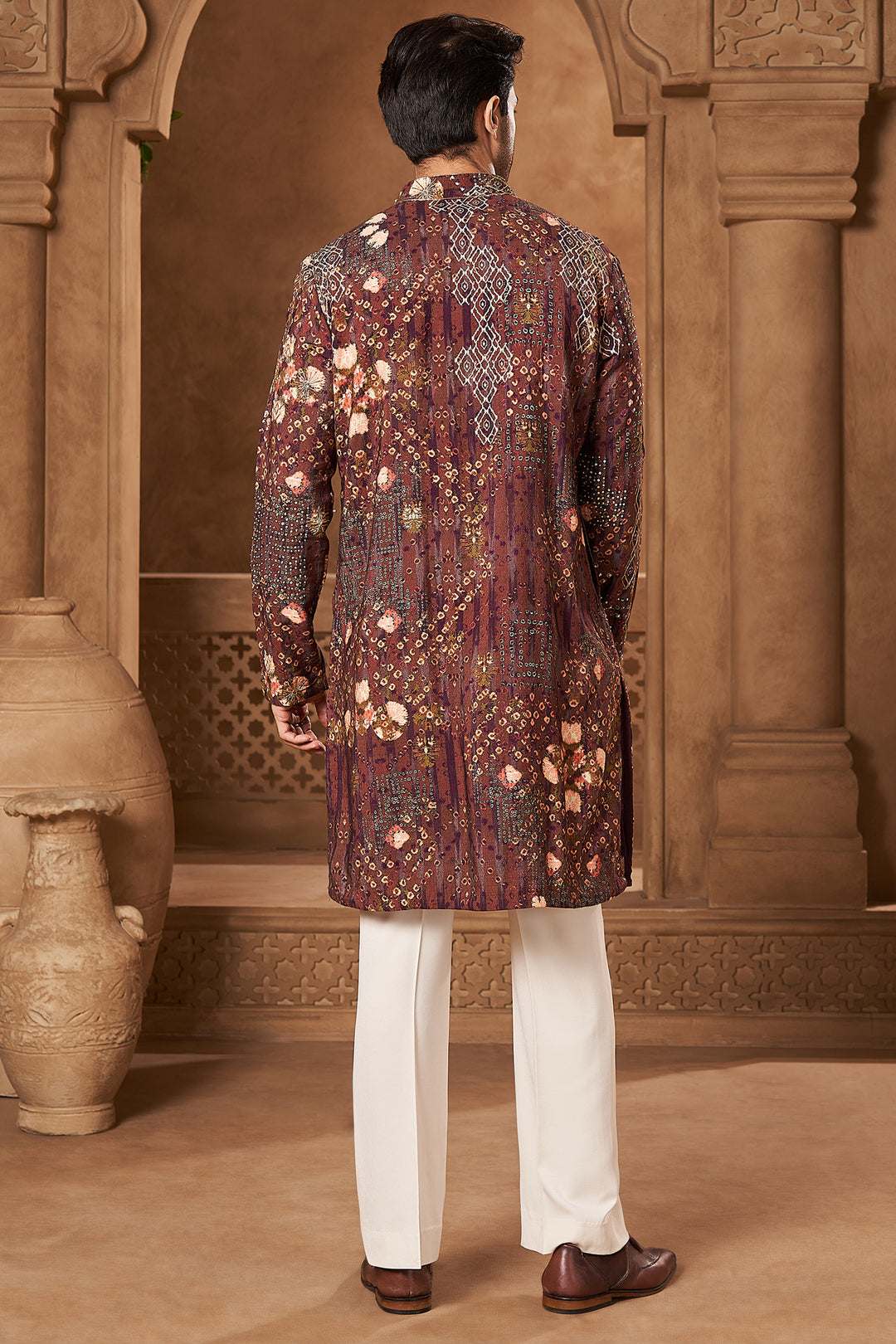 Maroon Raw Silk Bandhani Print Kurta Set
