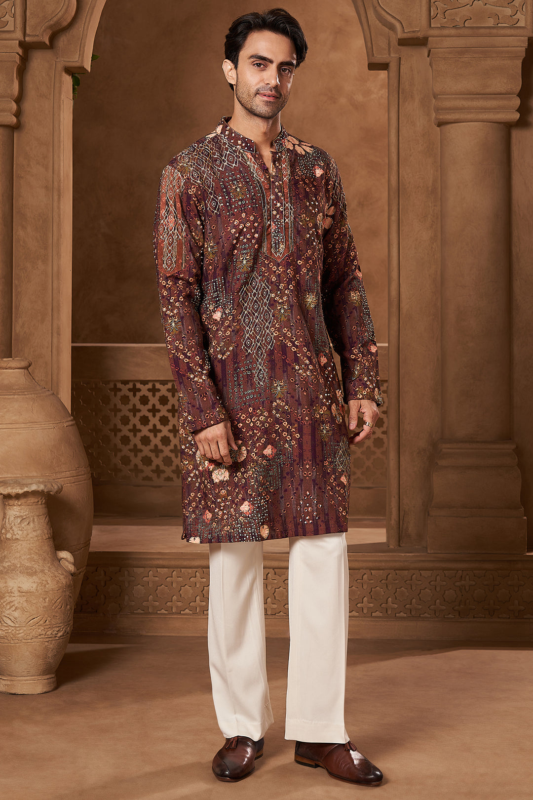 Maroon Raw Silk Bandhani Print Kurta Set