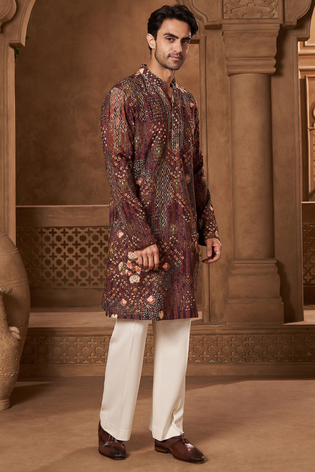 Maroon Raw Silk Bandhani Print Kurta Set