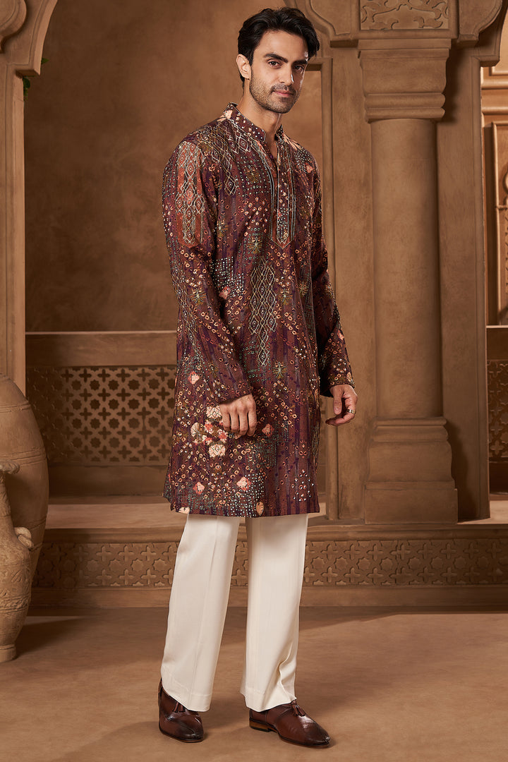 Maroon Raw Silk Bandhani Print Kurta Set