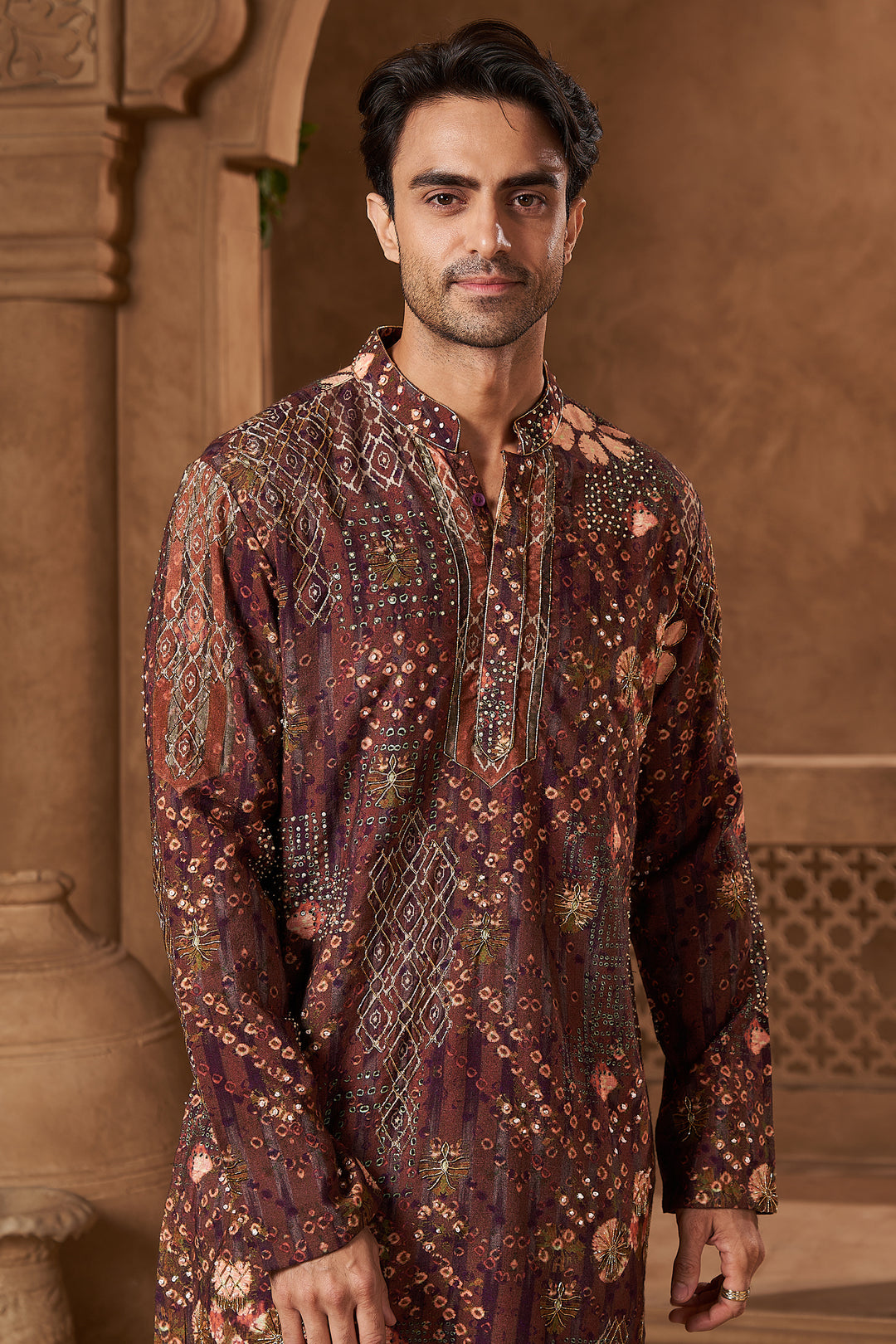 Maroon Raw Silk Bandhani Print Kurta Set