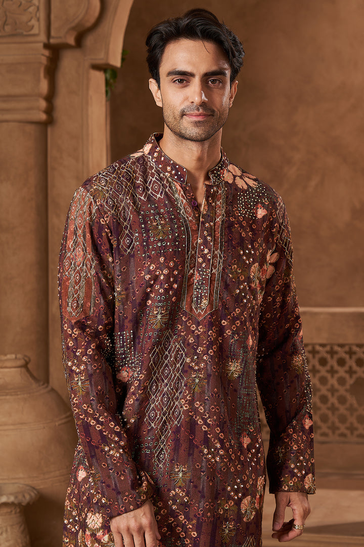Maroon Raw Silk Bandhani Print Kurta Set