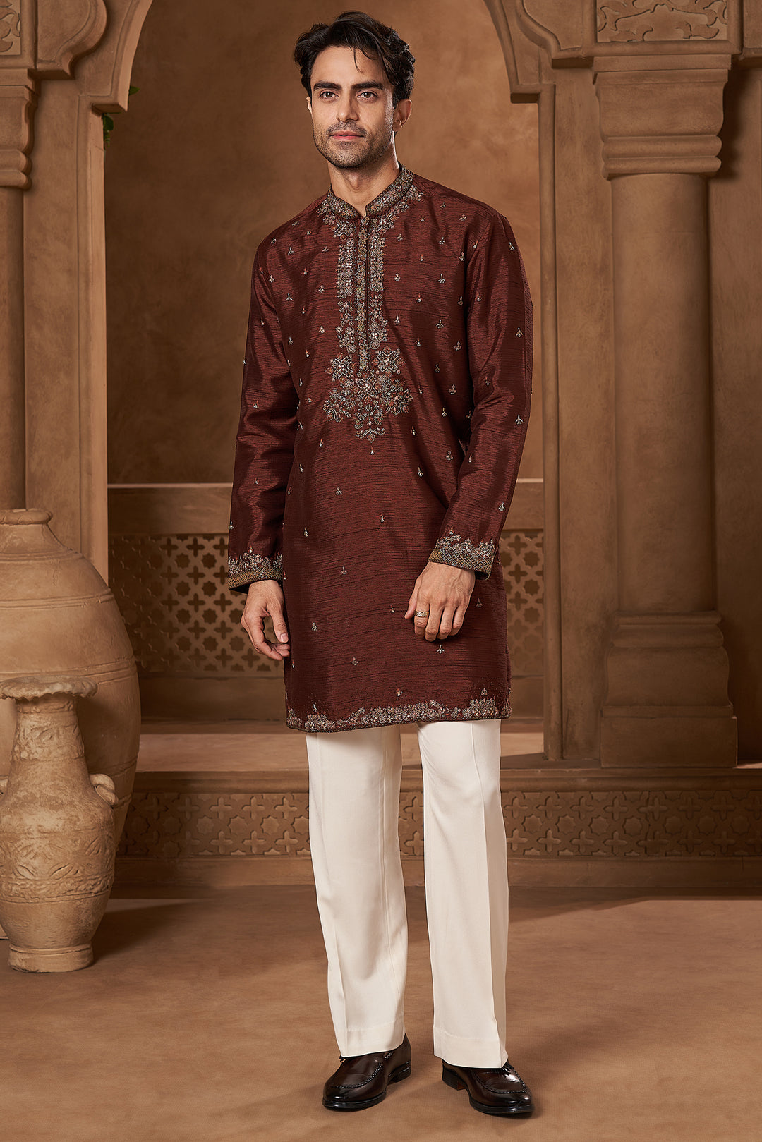 Maroon Raw Silk Hand-Embroidered Kurta Set