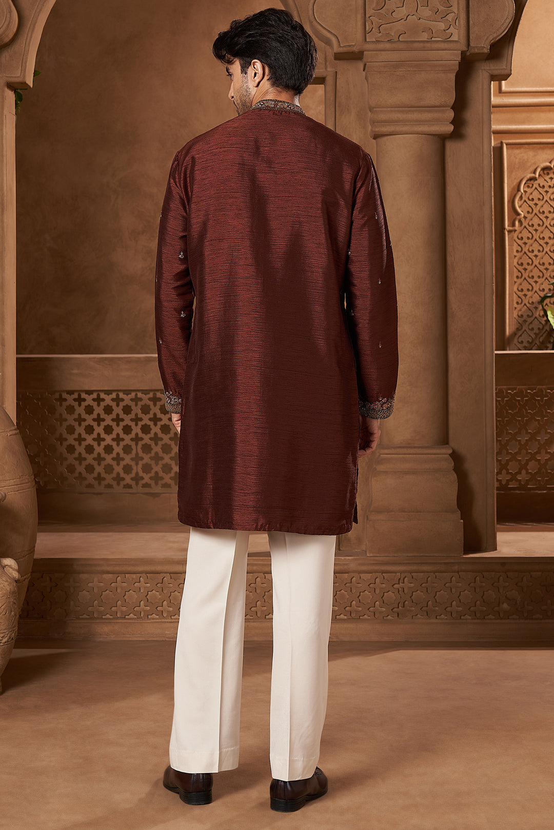 Maroon Raw Silk Hand-Embroidered Kurta Set