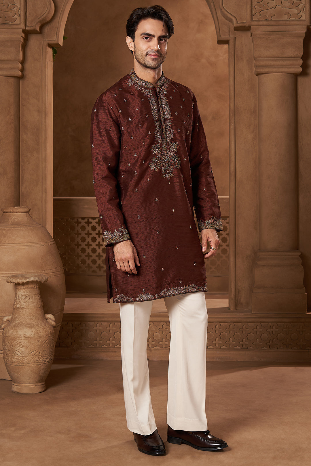 Maroon Raw Silk Hand-Embroidered Kurta Set