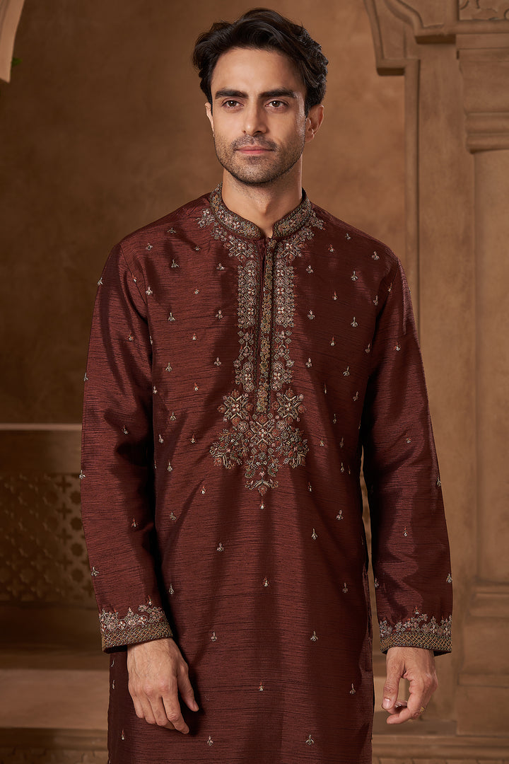 Maroon Raw Silk Hand-Embroidered Kurta Set