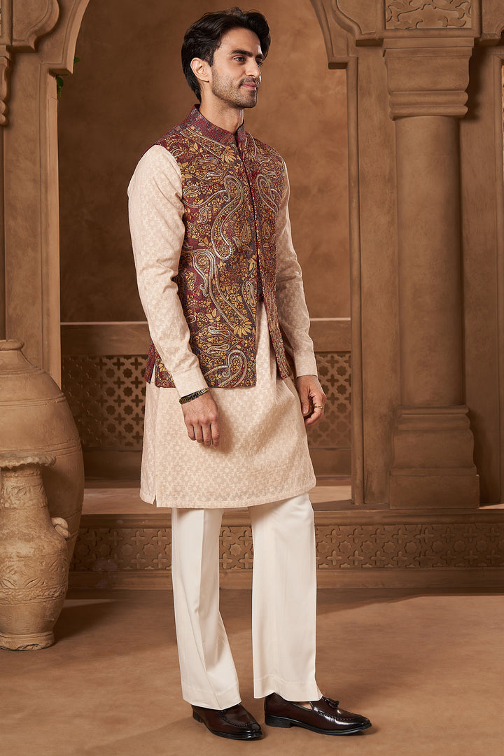 Maroon Silk Paisley Bundi Set