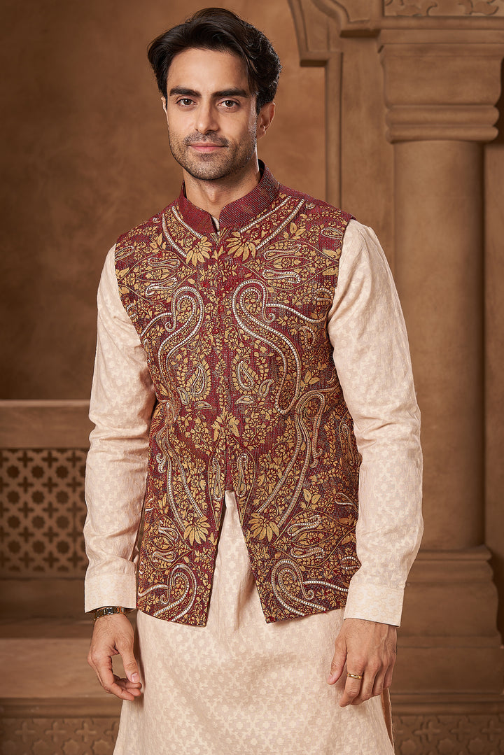 Maroon Silk Paisley Bundi Set