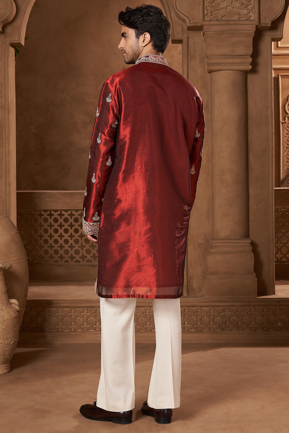 Maroon Tissue Ornamental Kurta Set