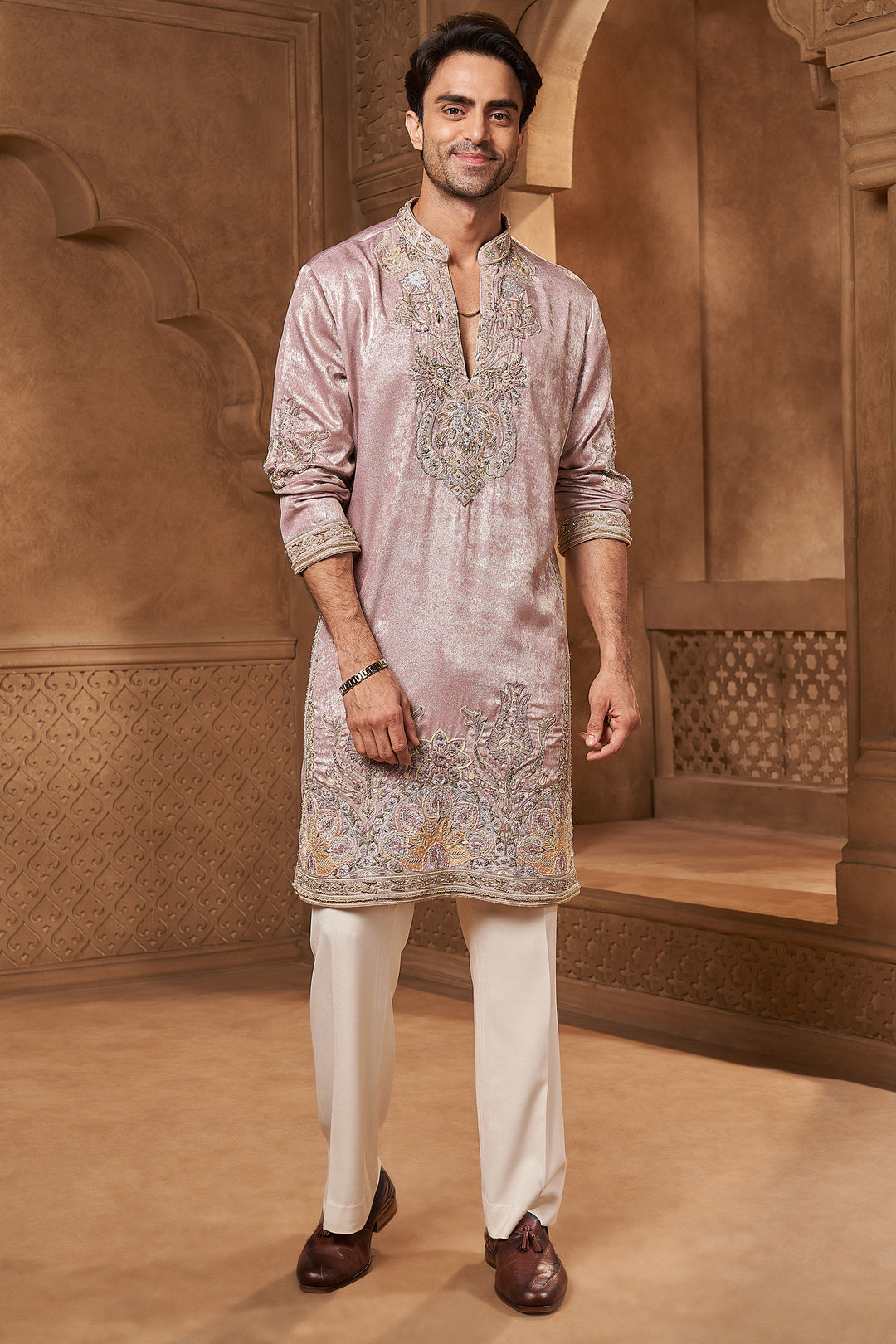 Mauve Tissue Resham Yoke Kurta Set