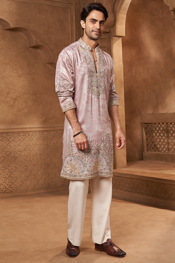 Mauve Tissue Resham Yoke Kurta Set