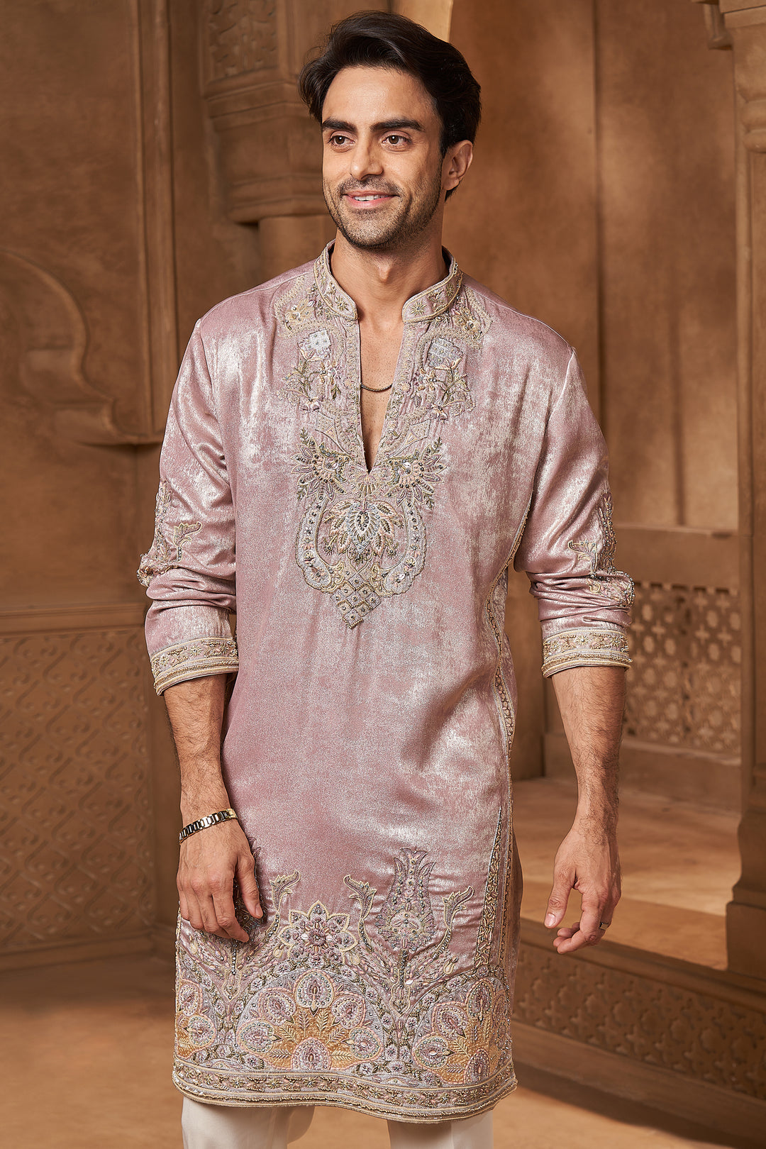 Mauve Tissue Resham Yoke Kurta Set