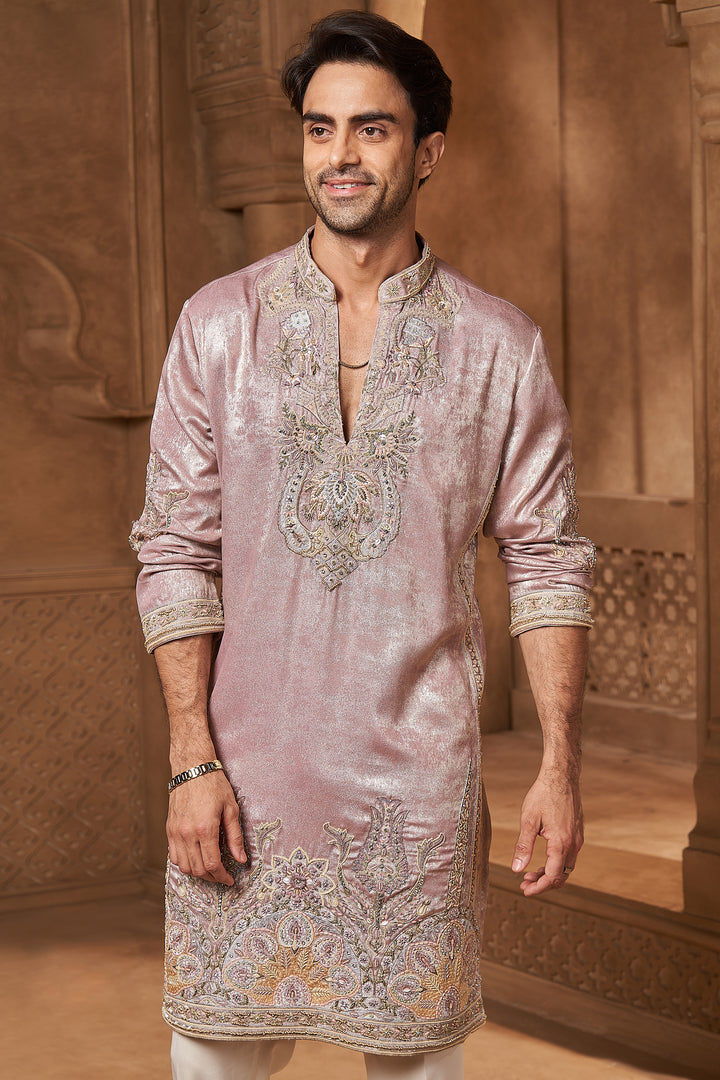 Mauve Tissue Resham Yoke Kurta Set