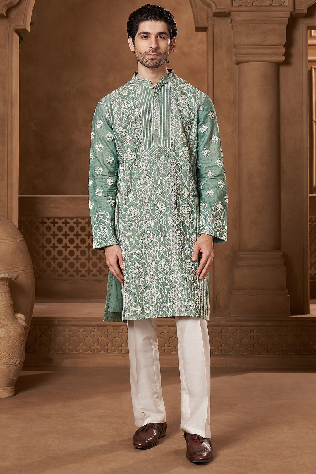 Mint Green Raw Silk Damask Kurta Set