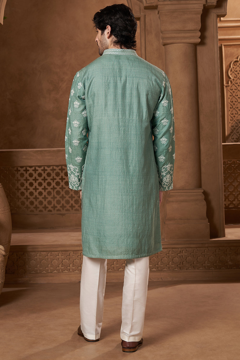 Mint Green Raw Silk Damask Kurta Set