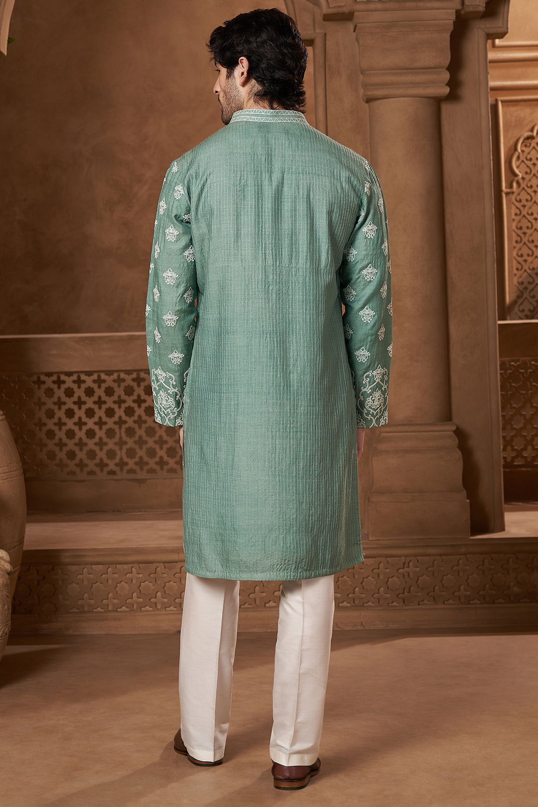 Mint Green Raw Silk Damask Kurta Set