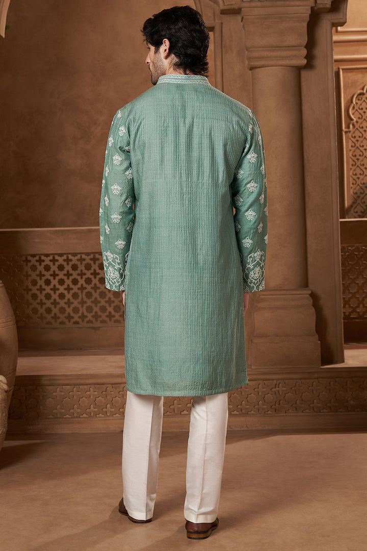 Mint Green Raw Silk Damask Kurta Set
