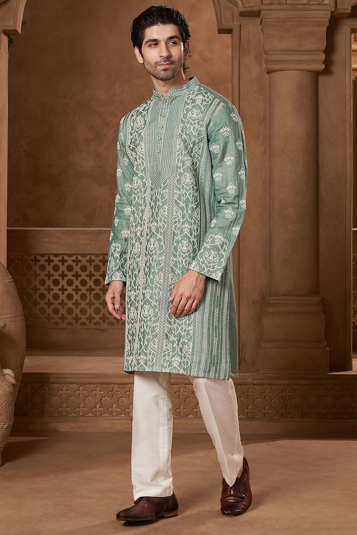 Mint Green Raw Silk Damask Kurta Set