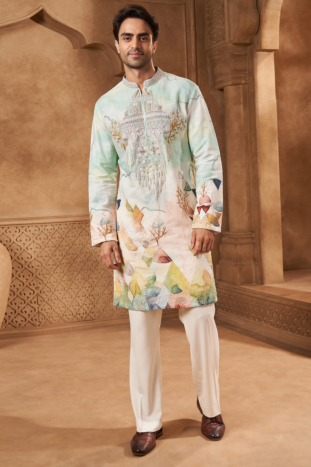 Mint Linen Mehrab Yoke Kurta Set