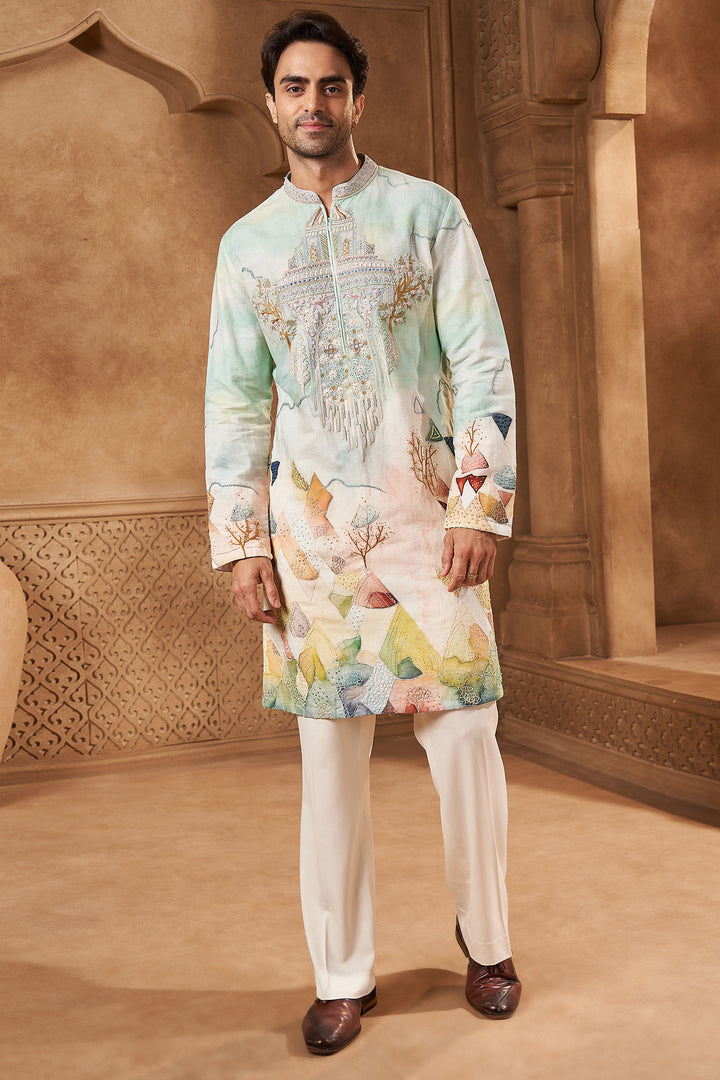 Mint Linen Mehrab Yoke Kurta Set