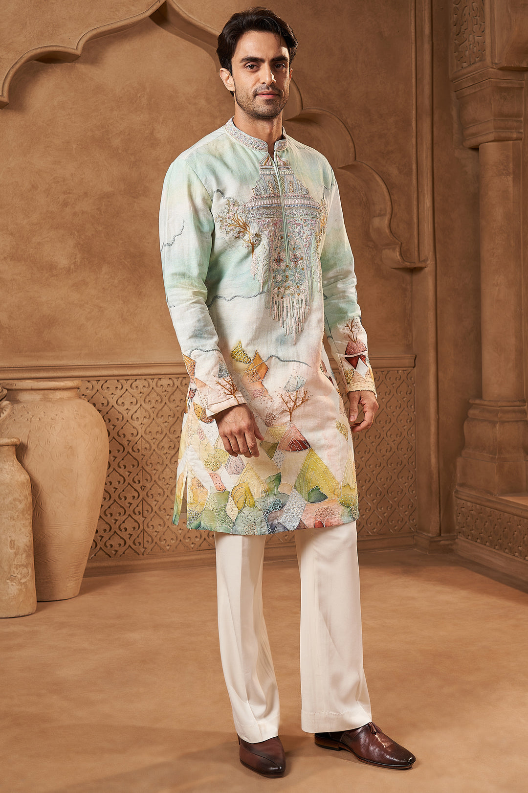 Mint Linen Mehrab Yoke Kurta Set