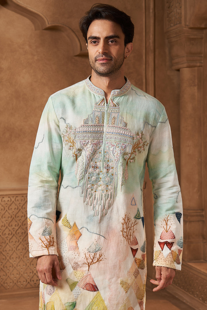 Mint Linen Mehrab Yoke Kurta Set