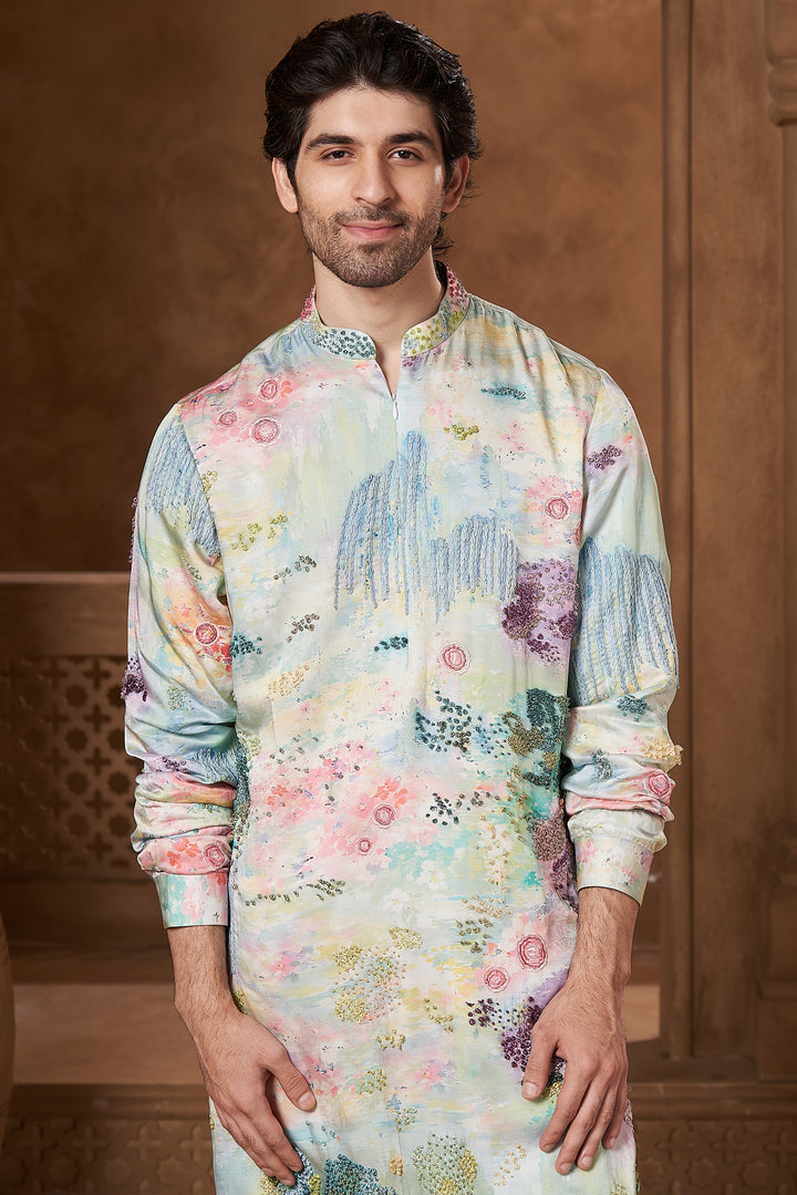 Mint Watercolour French Knot Kurta Set