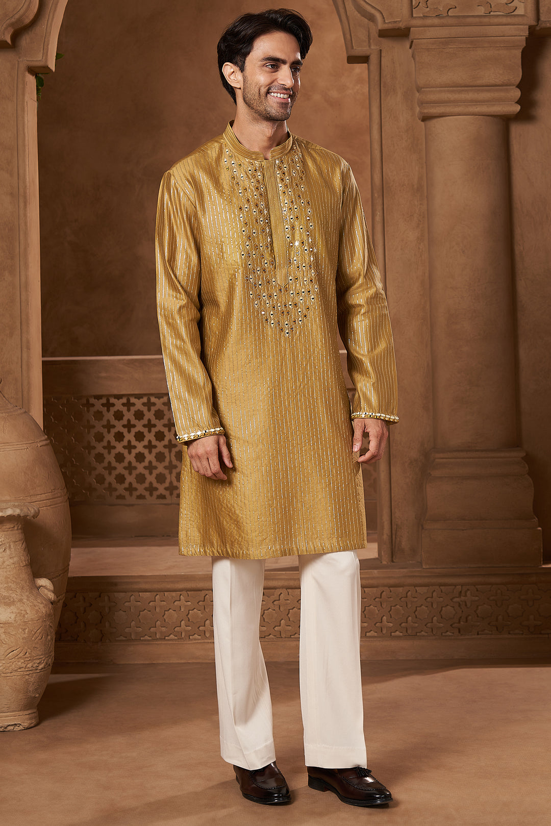Mustard Chanderi Mirror Yoke Kurta Set
