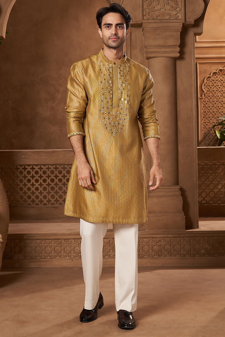Mustard Chanderi Mirror Yoke Kurta Set